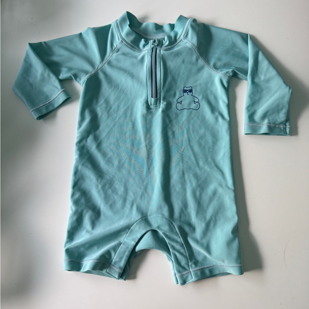 GAP Turquoise Baby Rash Guard Swimsuit with Zipper and Left Chest Bear